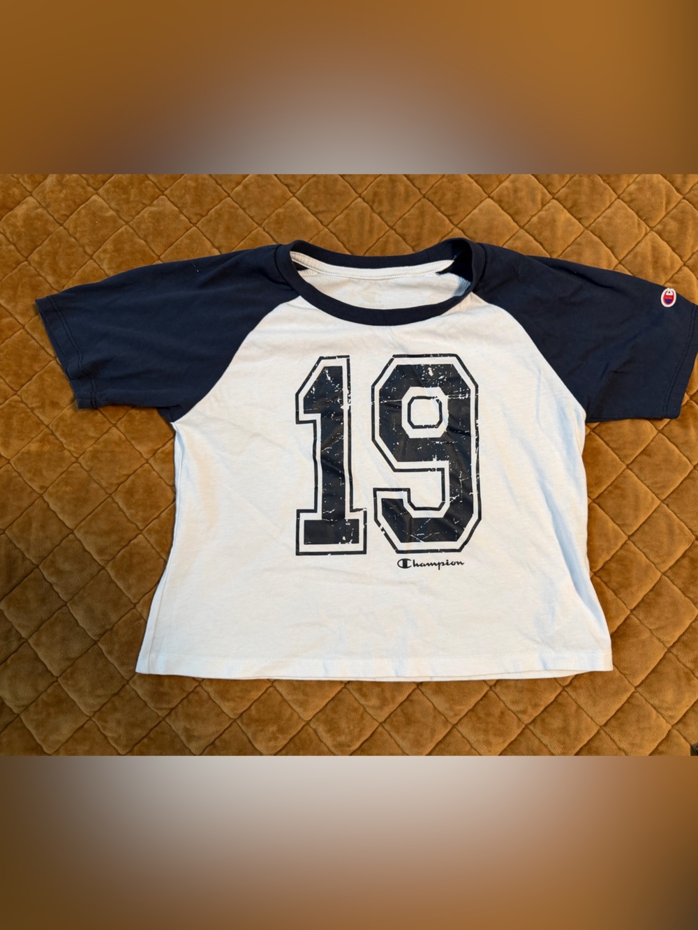Girls Champion White & Navy Raglan Tee with Distressed 19 Graphic